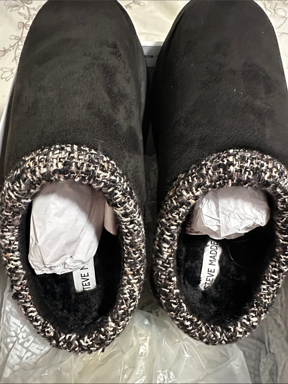 Steve Madden Black Faux-Suede Slip-On Mules with Tweed Trim